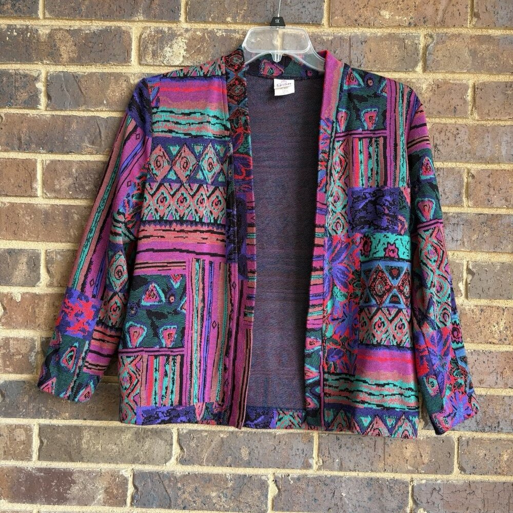 Vintage 80s Graff Petite Open Cardigan Sweater Geometric Pattern  Size 6 Medium